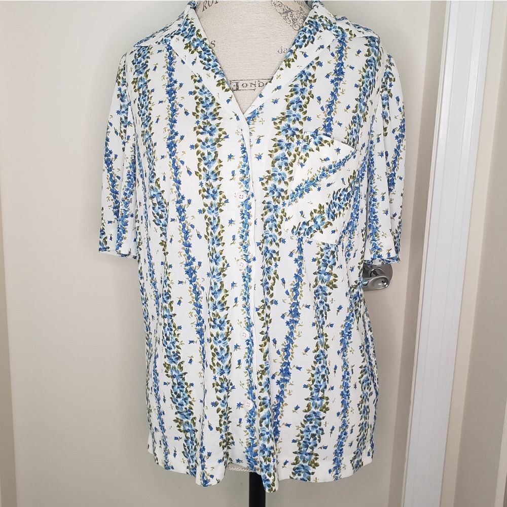 Antique 30s Silk Chiffon Floral Buttoup Short Sleeve Blouse